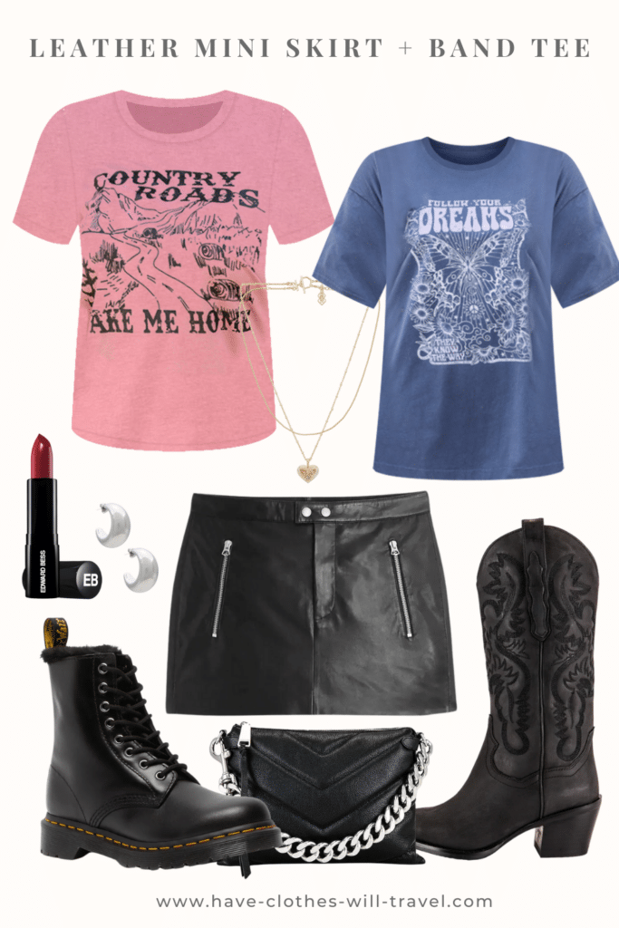 Collaged photo of a country concert outfit ensemble for women including a leather mini skirt, band tee, cowboy boots, and accessories