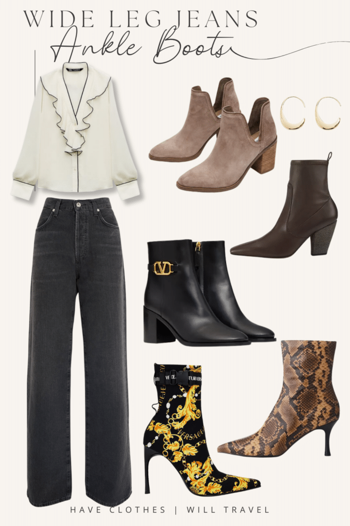 Collaged photo of clothing items including a ruffled blouse, suede ankle boots, brown patent leather boots, classic black boots, animal print boots, printed novelty boots, and accessories
