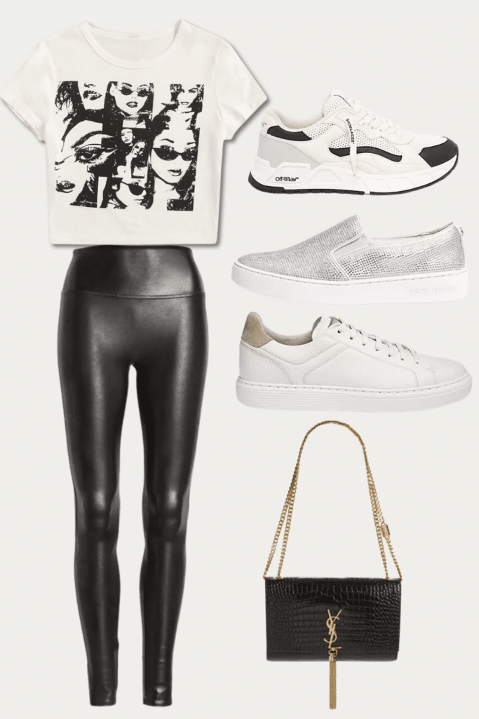 Collaged photo of how to style leather leggings; included in the photo is a mix of a faux leather leggings, white graphic tee, croc embossed black leather YSL chain bag, white Off-White sneakers, silver embellished slip-on sneakers, and plain white sustainable sneakers