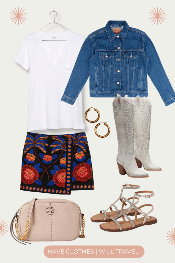 Collaged photo of a country concert outfit ensemble for women including a floral mini skirt, denim jacket, cowboy boots, strappy sandals, and accessories
