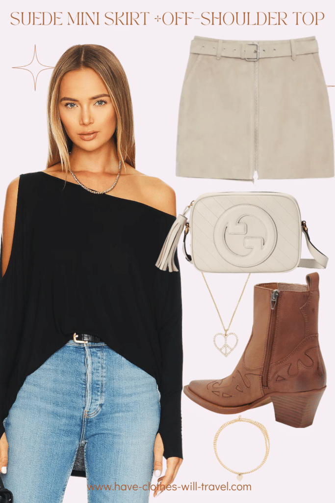 Collaged photo of a country concert outfit ensemble for women including a suede mini skirt, off-the-shoulder top, ankle boots, and accessories