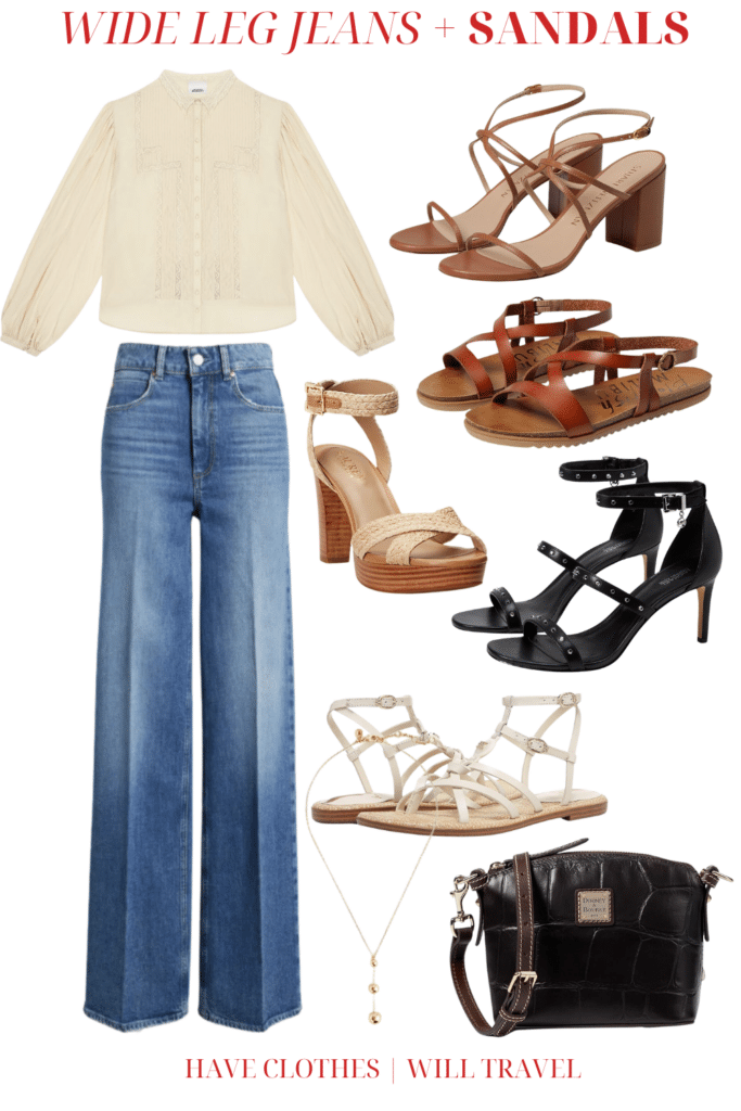 Collaged photo of clothing items showing how to style wide leg jeans including a cream colored feminine blouse, brown strappy sandals, platform sandals, black strappy sandals, flat sandals, and accessories