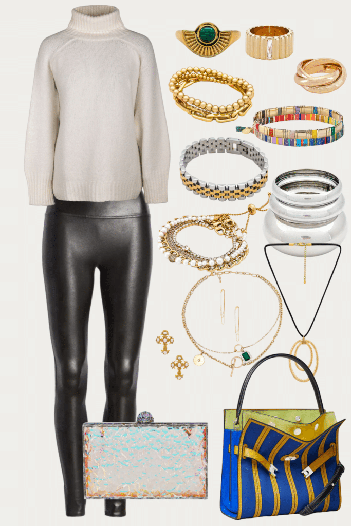 Collaged photo of how to style leather leggings; included in the photo is a mix of a faux leather leggings, cream colored turtleneck sweater, and a collection of necklaces, bracelets, earrings, and rings in gold and silver. Also included is a multicolor statement designer bag and clutch