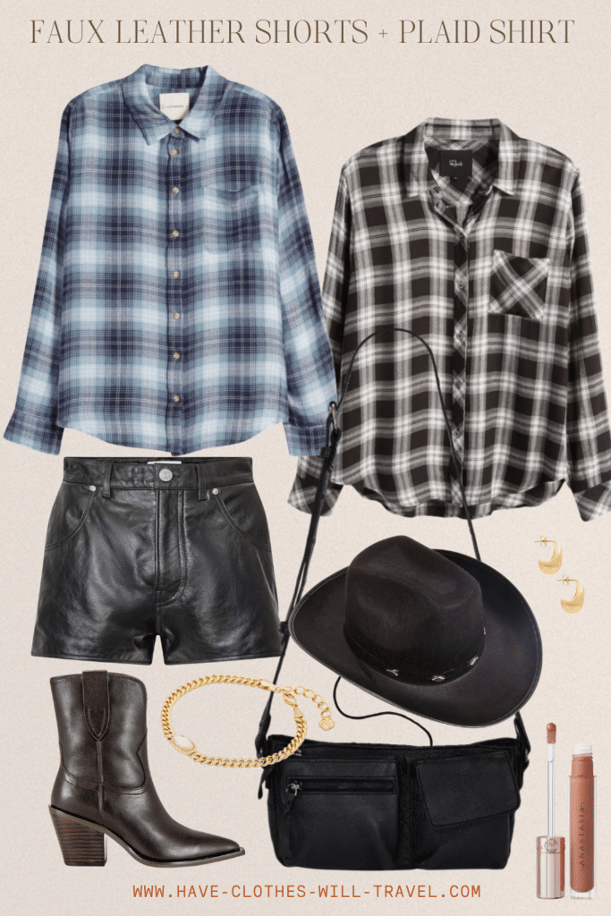 Collaged photo of a country concert outfit ensemble for women including a faux leather shorts, plaid shirt, cowboy boots, cowboy hat, and accessories