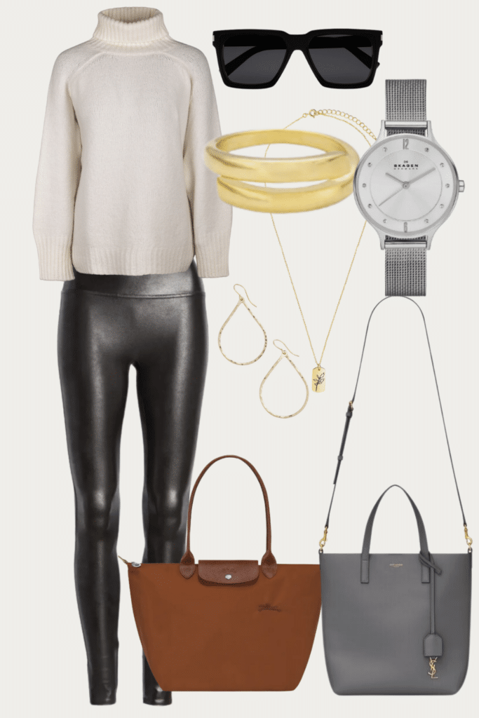 Collaged photo of how to style leather leggings; included in the photo is a mix of a faux leather leggings, cream colored turtleneck sweater, black sunglasses, silver watch, a set of gold earrings, bracelet, and necklace, brown Longchamp Le Pliage tote bag, and grey YSL leather crossbody bag