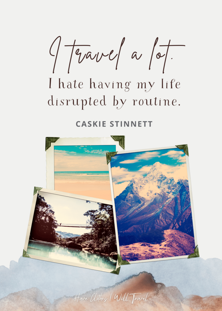 Polaroid photo of a lake, icy mountain, and beach as background for a travel quote by Caskie Stinnett