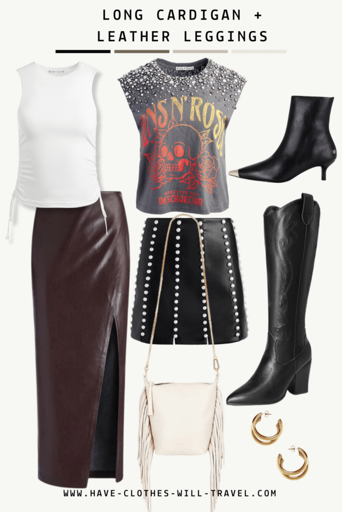 Collaged photo of a country concert outfit ensemble for women including a faux leather mini and maxi skirt, embellished top, black band tee, cowboy boots, and accessories
