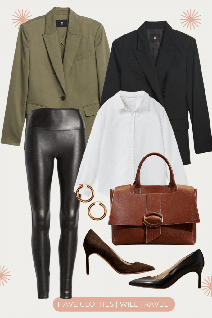 Collaged photo of how to style leather leggings; included in the photo is a mix of a faux leather leggings, classic white button top, green blazer, classic black blazer, gold hoop earrings, brown leather top handle bag, dark brown suede pumps, and black leather pumps