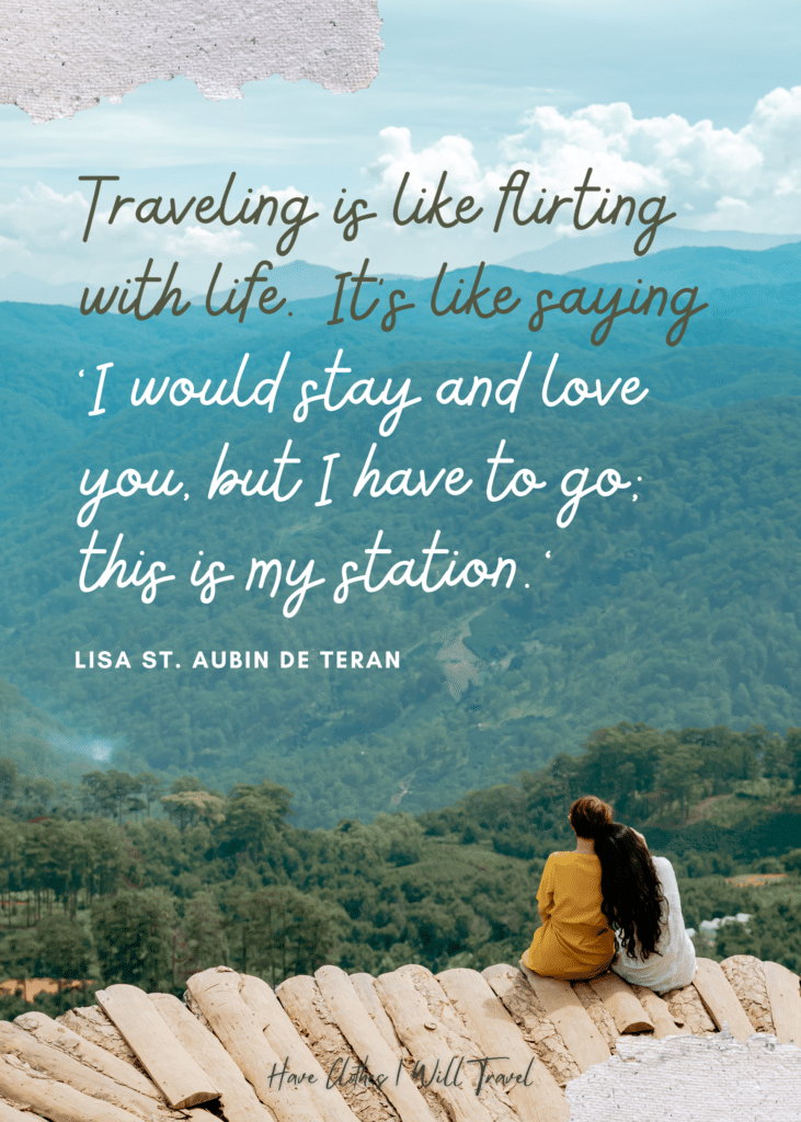 Two women sitting side by side looking over a vast green landscape as background for a quote by Lisa St. Aubin De Teran