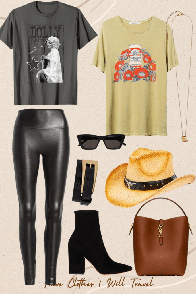 Collaged photo of a country concert outfit ensemble for women including a faux leather leggings, band tee, cowboy boots, cowboy hat, and accessories