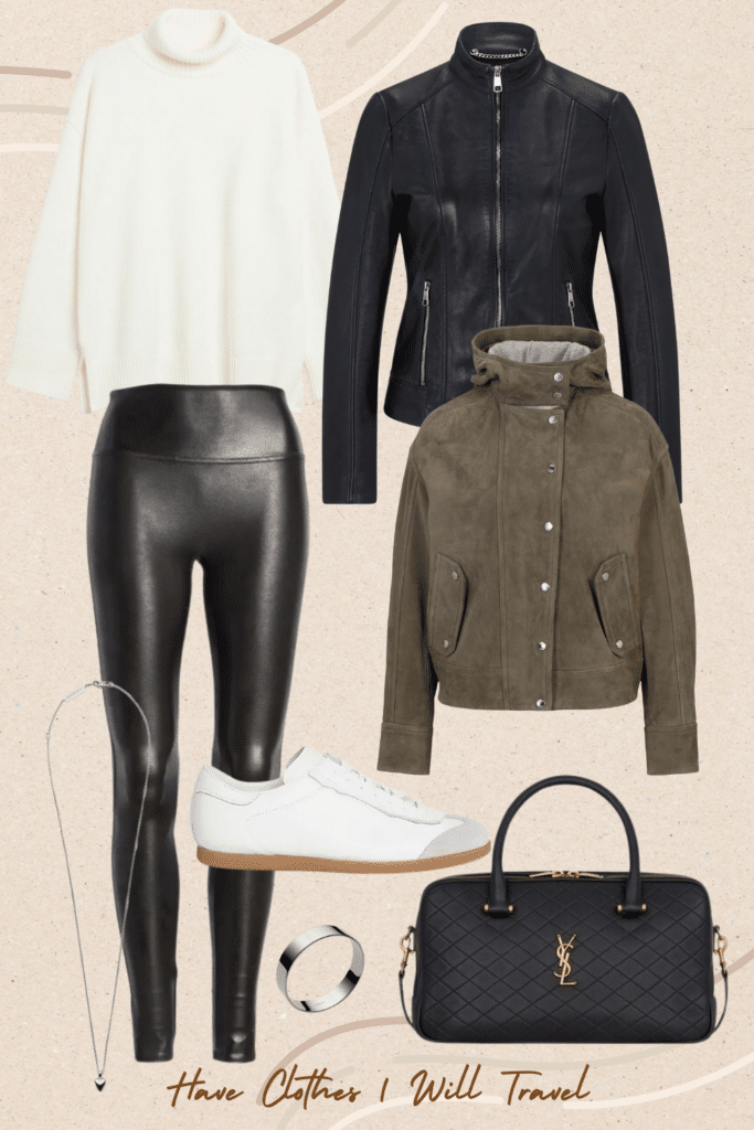 Collaged photo; included in the photo is a mix of a faux leather leggings, oversized white sweater, black leather jacket, green suede jacket, white sneakers, black YSL leather bag, and a silver necklace and ring set