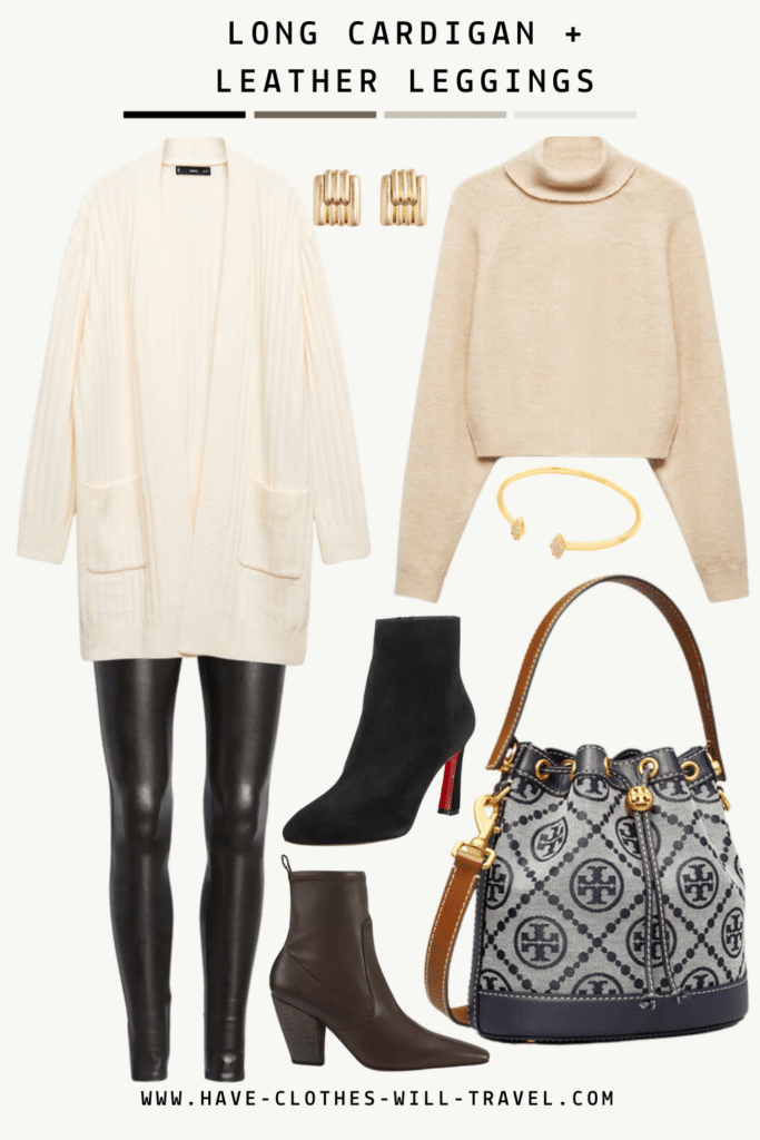 A mix of a faux leather leggings, beige pullover sweater, long cream cardigan, brown ankle boots, black suede ankle boots. a gold bangle and earrings set, and a Tory Burch canvas logo bucket bag