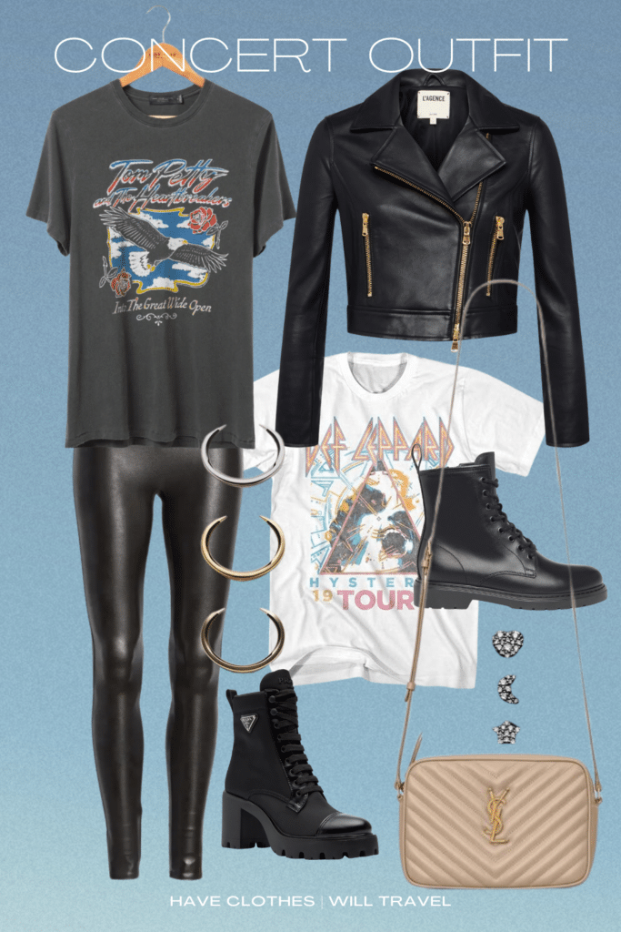 Collaged photo of how to style leather leggings; included in the photo is a mix of a faux leather leggings, white and grey oversized graphic band tees, cropped leather jacket, silver bangles, black Dr. Martens boots, black Prada combat boots, studded black earrings, and a beige YSL camera bag