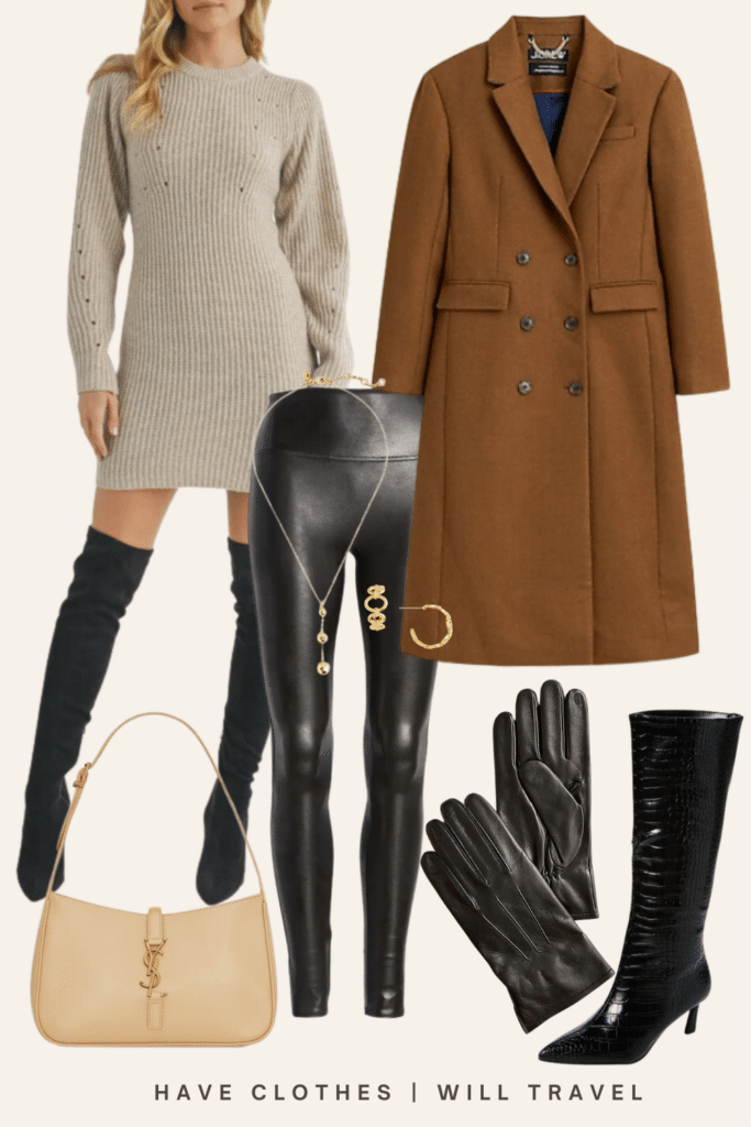  mix of a faux leather leggings, oversized cream colored sweater dress, camel coat, leather gloves, knee-high leather boots, gold necklace, earrings, and ring set, and a nude YSL leather handbag