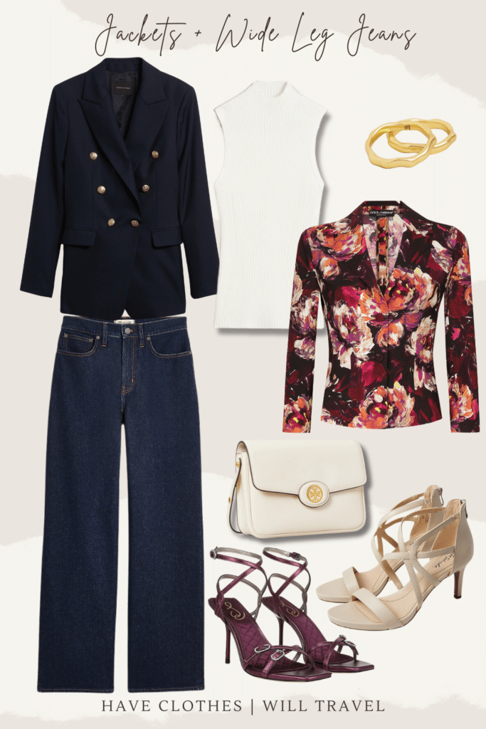 Collaged photo of clothing items showing how to style wide leg jeans including a black blazer, white sleeveless blouse, printed blouse, strappy heels, and accessories