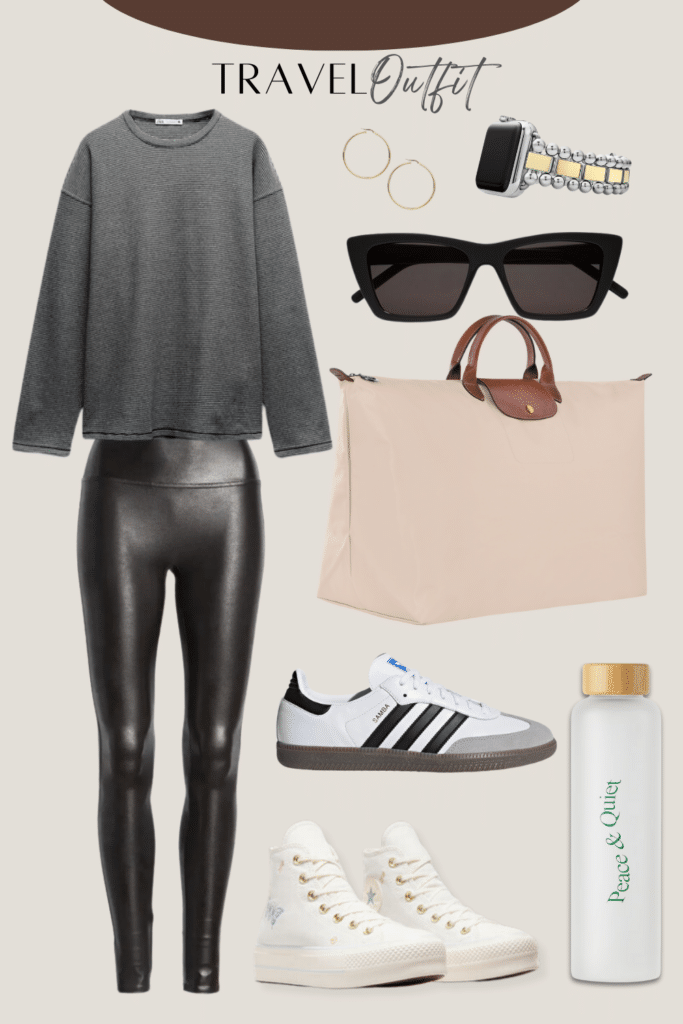 mix of a faux leather leggings, grey long sleeve top, large nude Longchamp travel bag, white Adidas Samba sneakers, white high cut Converse sneakers, Apple watch in with silver and gold band, sunglasses, gold hoop earrings, and travel tumbler
