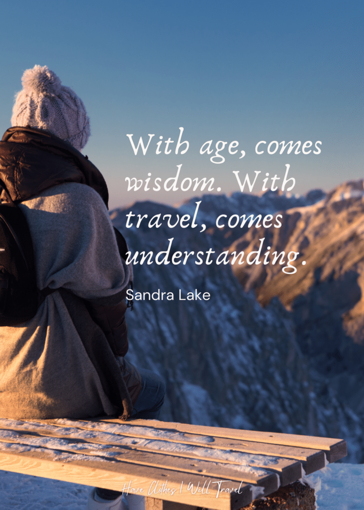 Woman sitting on a wooden bench looking over an icy mountain as background for a quote by Sandra Lake