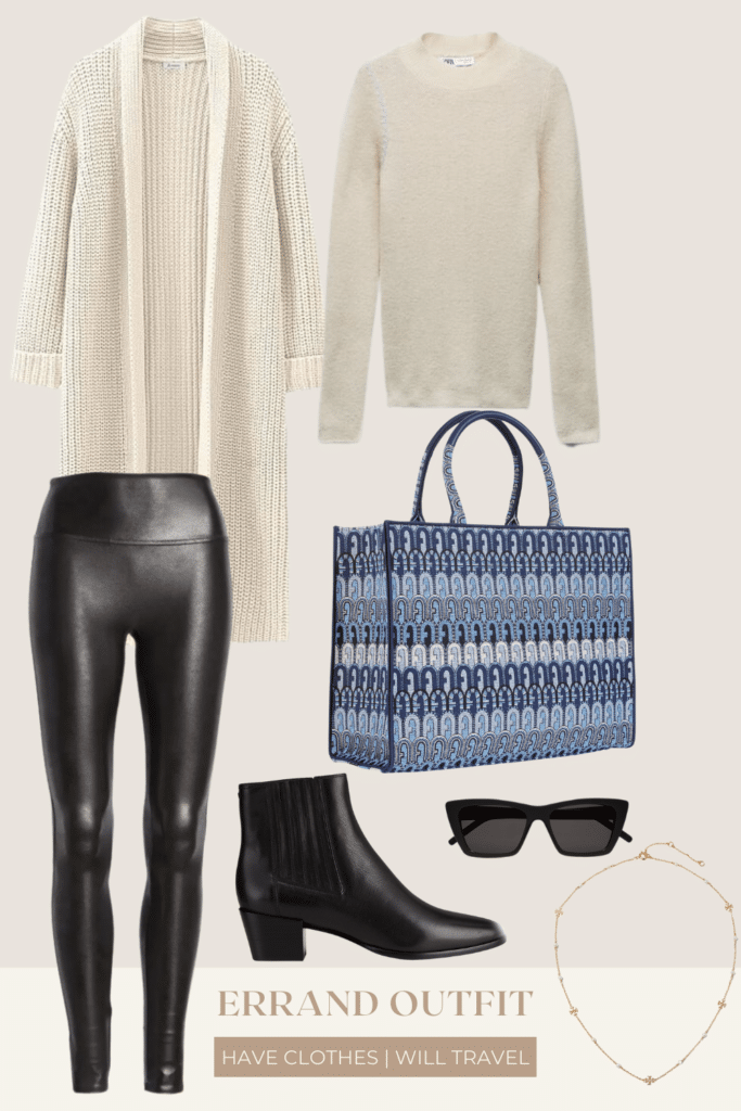 Collaged photo of how to style leather leggings; included in the photo is a mix of a faux leather leggings, long cream colored cardigan, white sweater, black ankle booties, sunglasses, gold necklace, and a large Furla blue printed tote bag