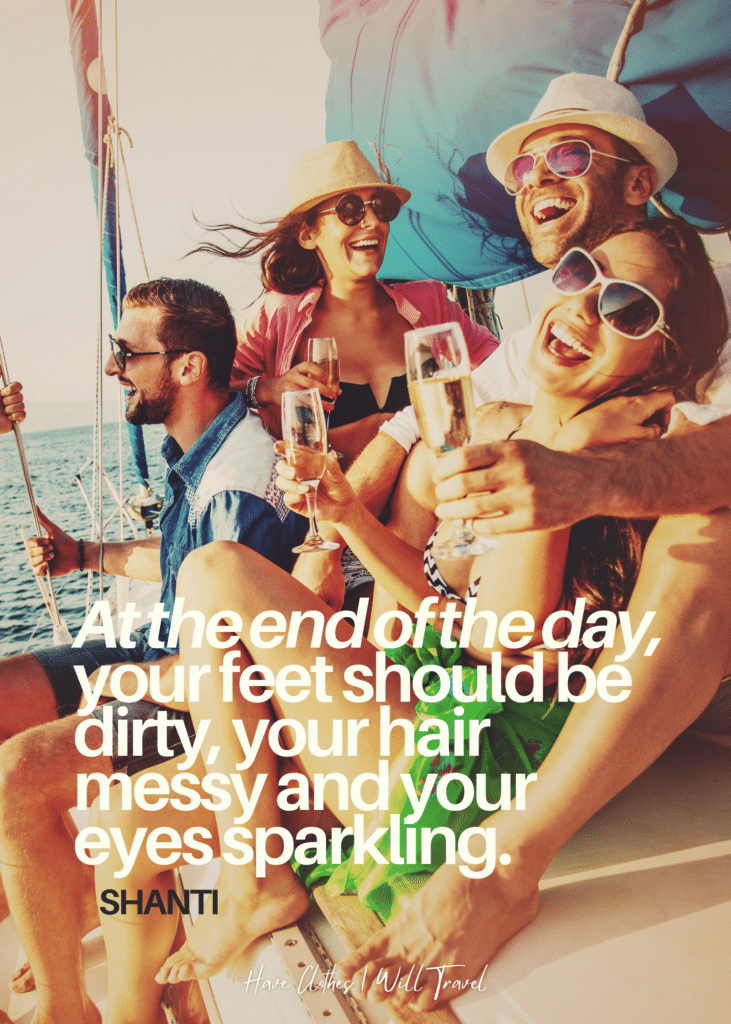 Close up shot of a group of friends on a yacht laughing as background for a quote by Shanti