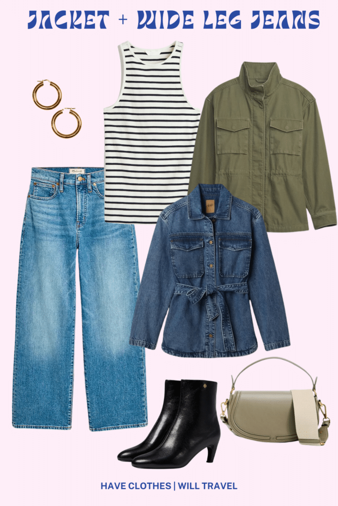 Collaged photo of clothing items showing how to style wide leg jeans including a striped tank top, green utility jacket, belted denim jacket, black boots, and accessories