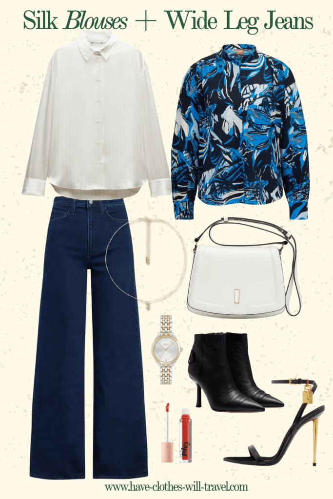 Collaged photo of clothing items showing how to style wide leg jeans including a white silk blouse, printed blue silk blouse, black boots, strappy heels, and accessories