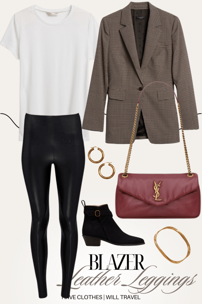 Collaged photo of clothing and accessory items including a faux leather leggings, plain white t-shirt, brown blazer, ankle booties, red leather YSL handbag, and a gold bangle and small hoop earrings
