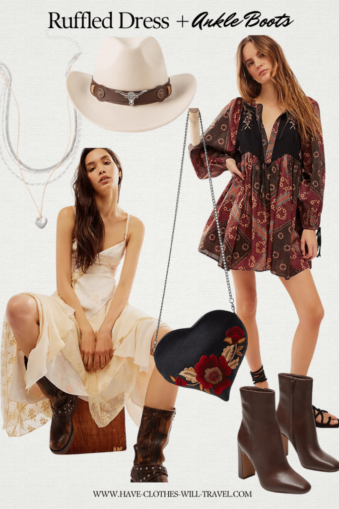 Collaged photo of a country concert outfit ensemble for women including a ruffled dress, cowboy boots, cowboy hat, and accessories