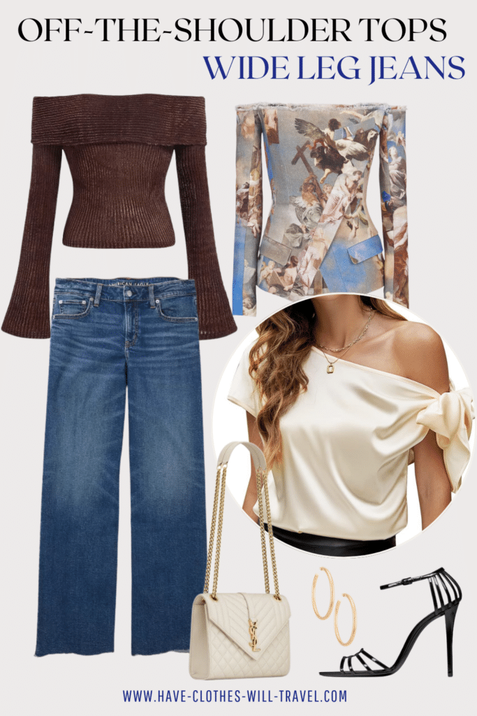 Collaged photo of clothing items showing how to style wide leg jeans including a brown off-the-shoulder top, printed off-the-shoulder blazer, feminine off-the shoulder top, strappy heels, and accessories