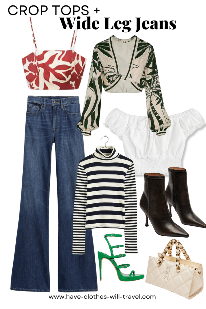 Collaged photo of clothing items showing how to style wide leg jeans including a floral crop blouse, orange crop top, white crop top, striped long sleeve shirt, leather boots, green strappy heels, and accessories