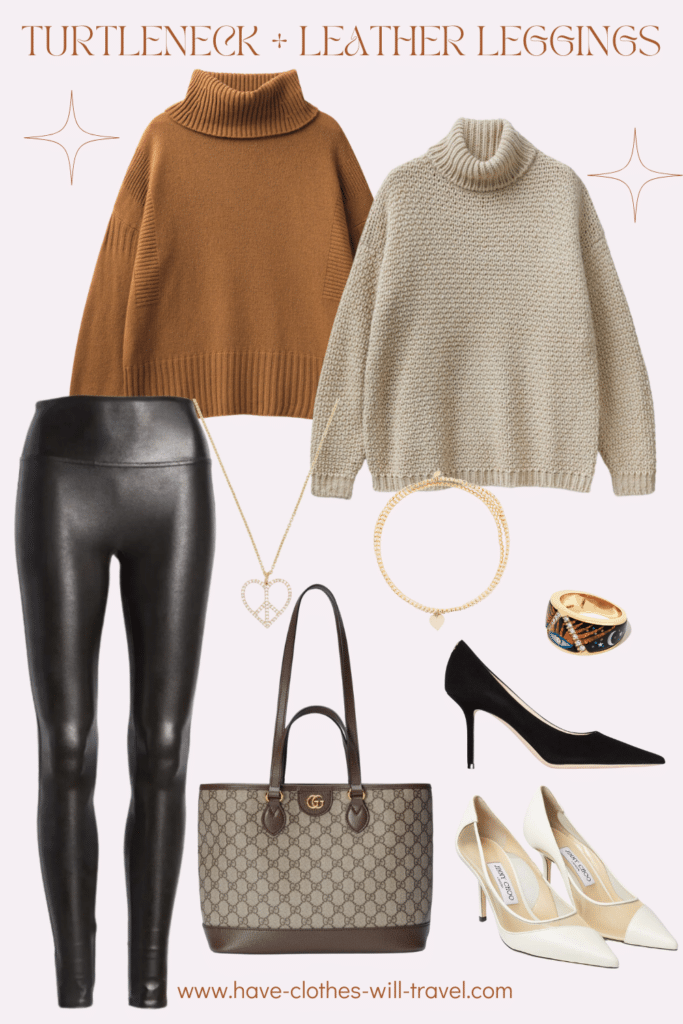 Collaged photo of clothing and accessory items including a faux leather leggings, brown turtleneck sweater, beige turtleneck sweater, black pumps, white Jimmy Choo pumps, Gucci leather tote bag, and gold accessories