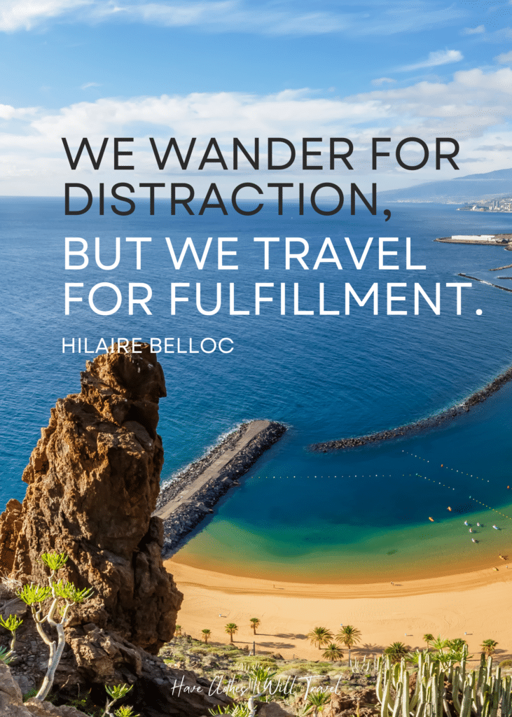Portrait shot of the blue ocean from a bluff as background for a travel quote by Hilaire Belloc