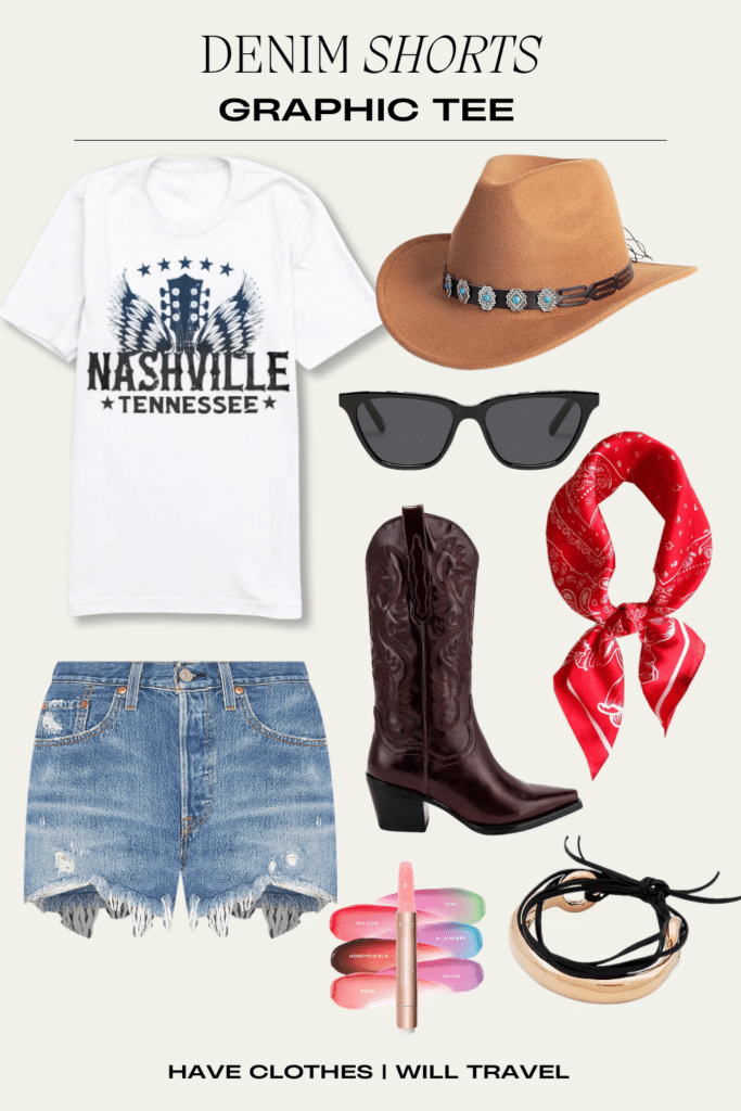 Collaged photo of a country concert outfit ensemble for women including a denim shorts, graphic tee, bandana, cowboy boots, cowboy hat, and accessories