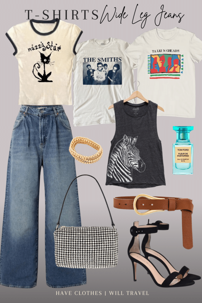Collaged photo of clothing items showing how to style wide leg jeans including a set of graphic band tee, black strappy heels, and accessories