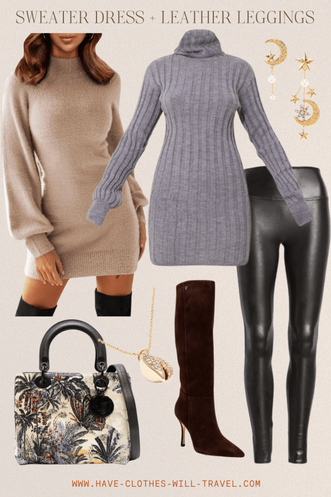 Collaged photo of clothing and accessory items including a faux leather leggings, beige sweater dress, grey sweater dress, suede knee-high ankle boots, tropical-themed designer leather bag, and gold pendant