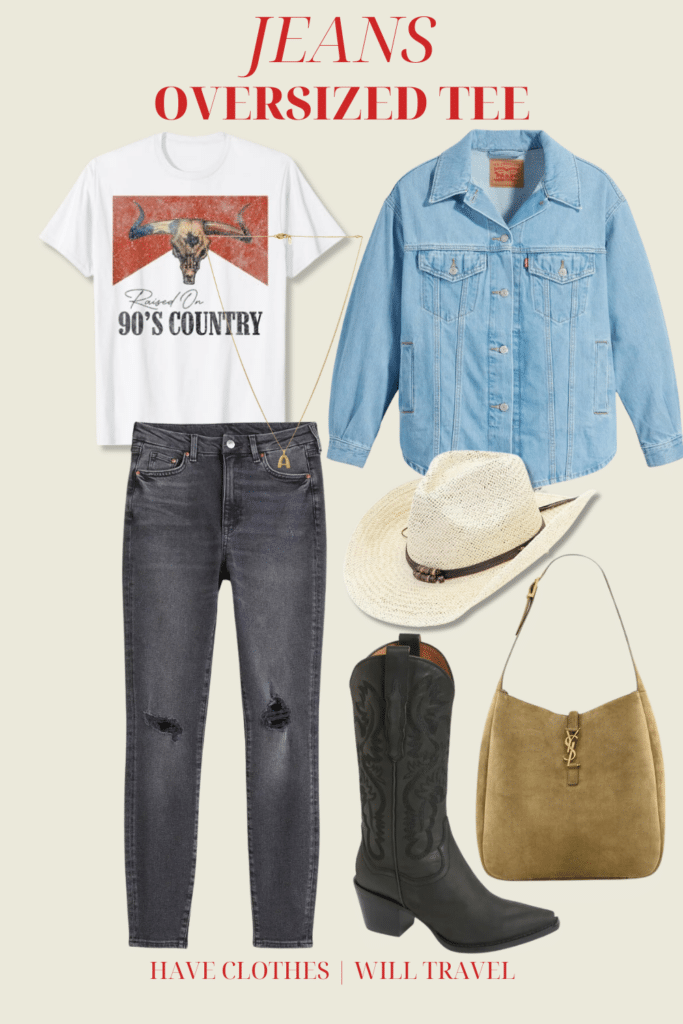 Collaged photo of a country concert outfit ensemble for women including jeans, an oversized band tee, cowboy boots, cowboy hat, and accessories