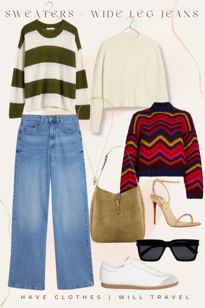 Collaged photo of clothing items showing how to style wide leg jeans including a striped green sweater, cream sweater, printed crochet sweater, white sneakers, nude heels, and accessories