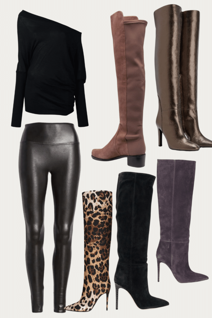 Collaged photo of how to style leather leggings; included in the photo is a mix of faux leather leggings, black off-the-shoulder sweater top, knee-high boots in leopard print, black suede, dark grey suede, brown suede, and metallic brown variation
