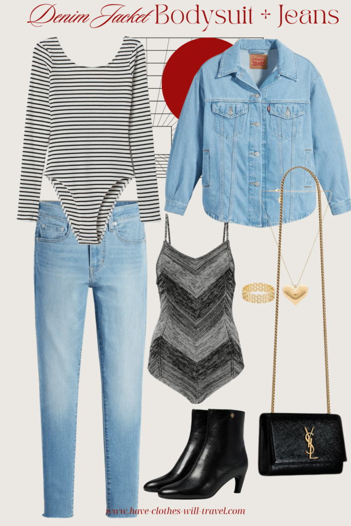 Collaged photo of a country concert outfit ensemble for women including a denim jacket, bodysuit, jeans, ankle boots, and accessories