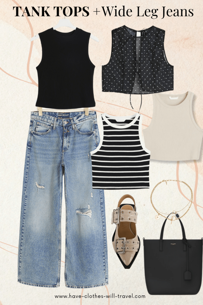 Collaged photo of clothing items showing how to style wide leg jeans including a black and beige tank top, polka dot organza top, striped black tank top, beige buckled ballet flats, and accessories