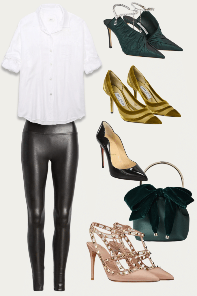 Collaged photo of how to style leather leggings; included in the photo is a mix of faux leather leggings, classic white button top, black pumps, statement multicolor heels, studded nude heels, and a small green leather handbag with large bow