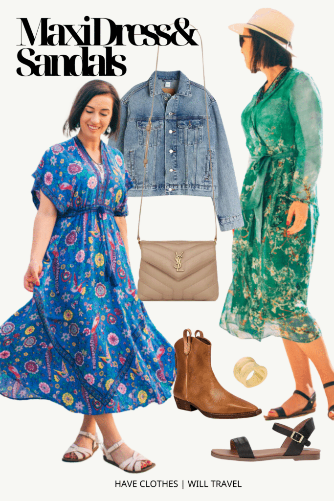 Collaged photo of a country concert outfit ensemble for women including a denim jacket, maxi dress, cowboy boots, and accessories