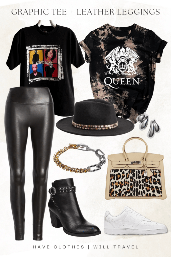 Collaged photo of how to style leather leggings; included in the photo is a mix of faux leather leggings, black Garbage band graphic tee, multicolor Queen graphic tee, black fedora hat with embellishment, ankle boots with chain, white sneakers, silver accessories, and leopard print handbag