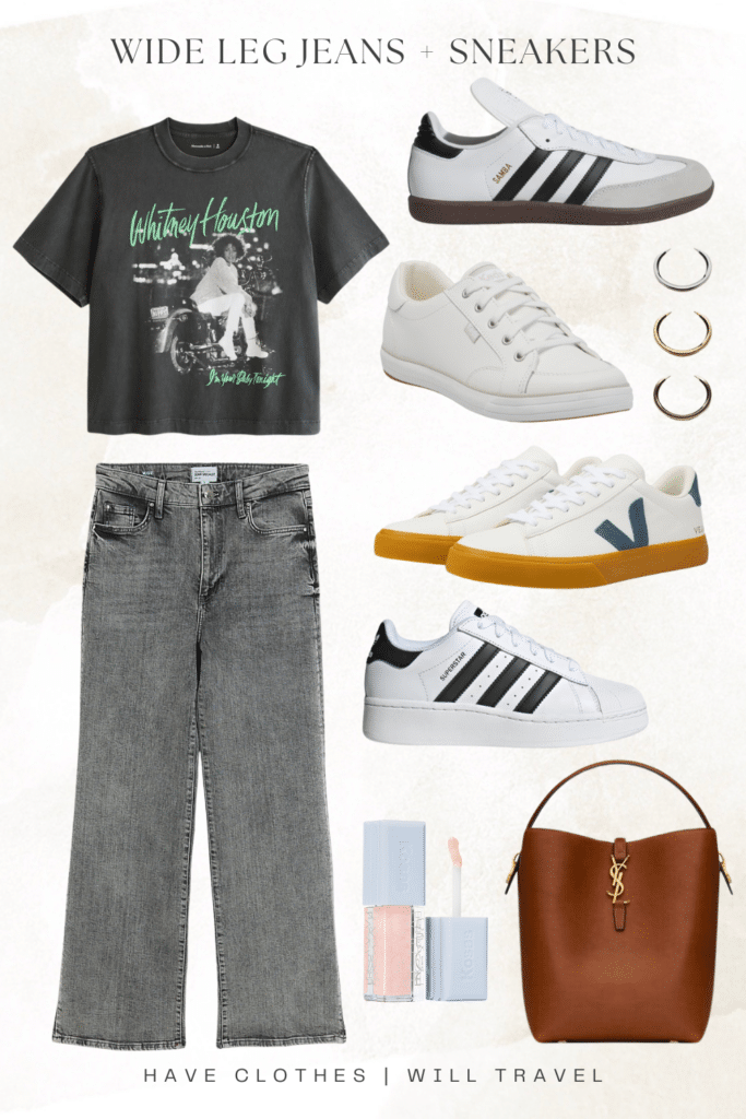 Collaged photo of clothing items showing how to style wide leg jeans including a black graphic tee, Adidas Samba and Superstar sneakers, Veja sneakers, Keds sneakers, and accessories