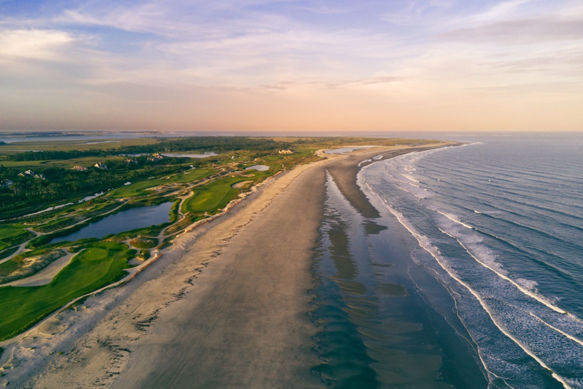 Flew the drone over the beach at sunset, taking this picture looking back at the Ocean Course on Kiawah Island, SC.