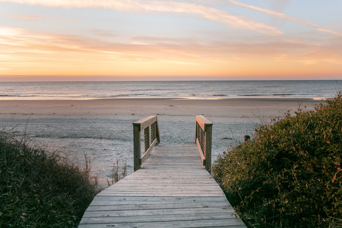 Beach boardwalk, sunrise on atlantic ocean, beach view, south carolina