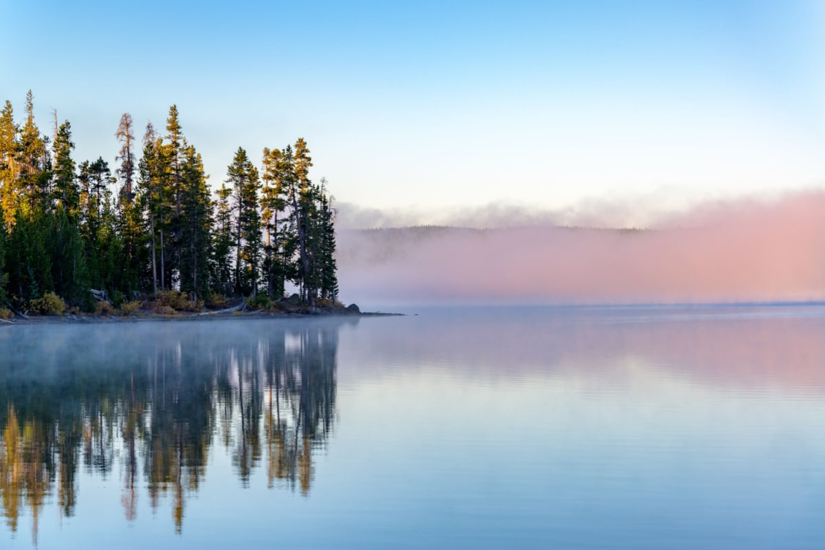 Early morning fog on Lewis Lake in Yellowstone National Park in Wyoming