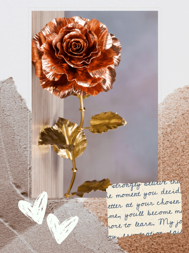 A copper colored rose crafted from sheet metal