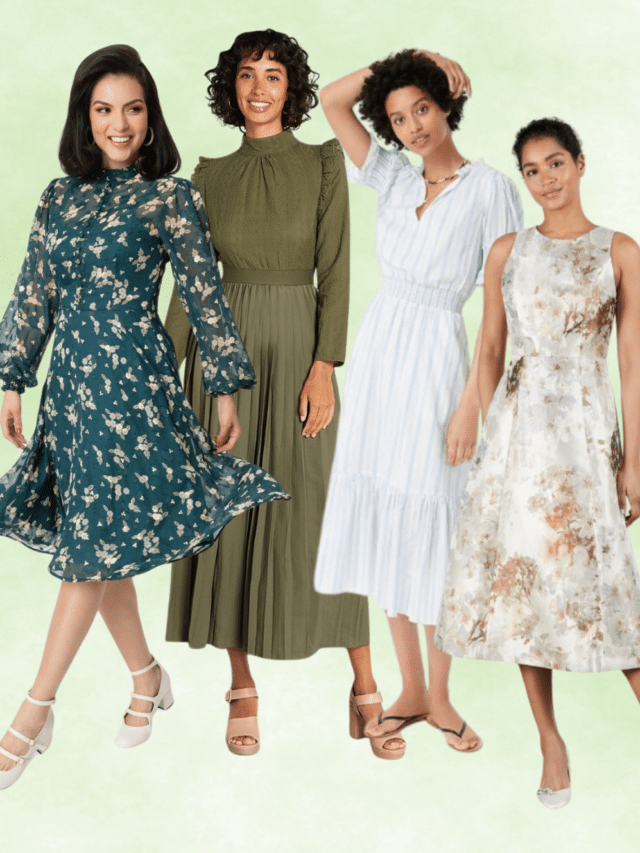 Four lady models wearing modest clothing in colors green, olive green, white, and floral print