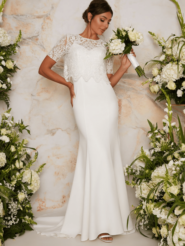 Woman in a lace bodice maxi wedding dress