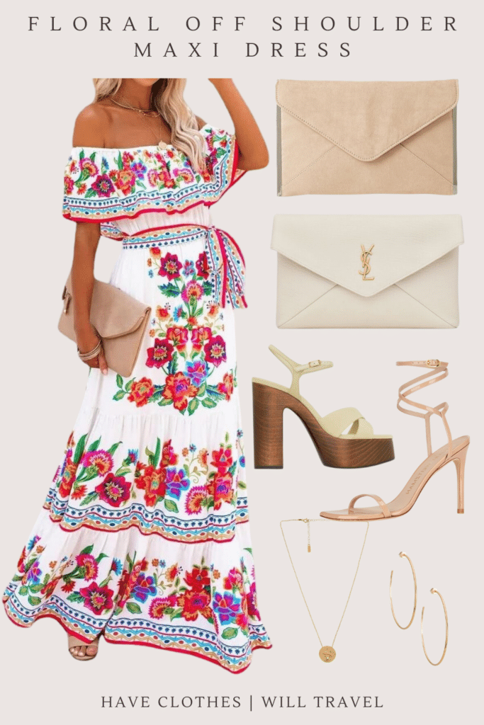 A collaged photo of a Cinco De Mayo outfit ensemble including an off-the-shoulder printed white maxi dress, platform sandals, an YSL envelope bag, and accessories